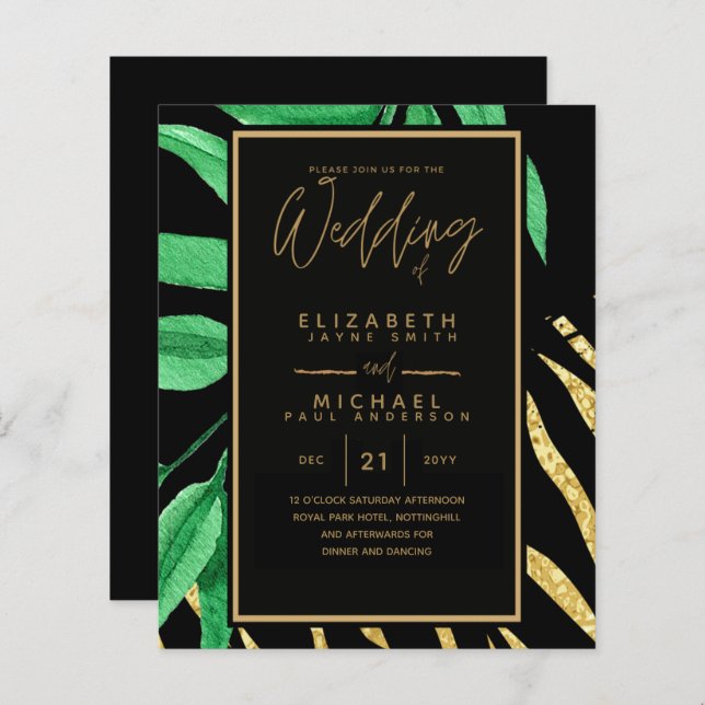 Moderne Feuille Tropicale Gold Black Mariage Budge (Devant / Derrière)