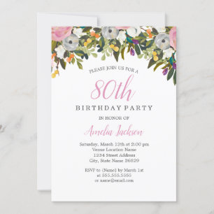 Moderne Floral rose 80e anniversaire Invitation