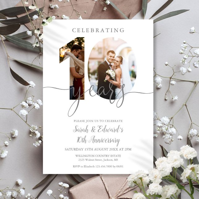 Moderne Invitation 10e Anniversaire de Mariage 2 P (Modern 10th Wedding Anniversary 2 Photo Invitation)