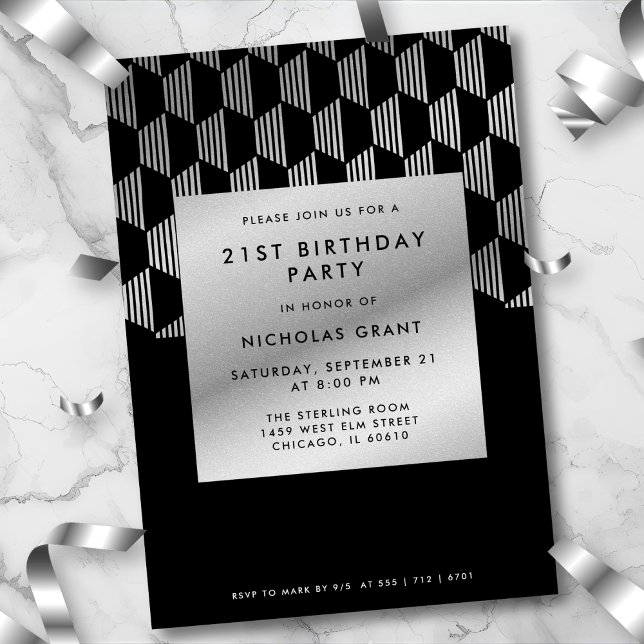 Moderne Invitation 21e Anniversaire Élégante Noir  (Bold black & faux silver geometric style. Modern design for a chic 21st celebration.
)