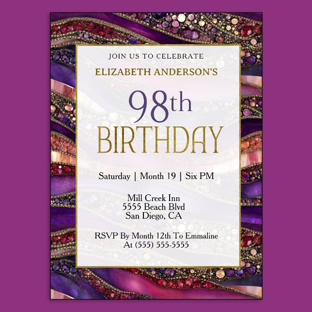 Moderne Invitation Anniversaire 98 Ans Or Violet B (Luxury purple and gold 98th birthday invitation with jeweled marble design and elegant style.
)