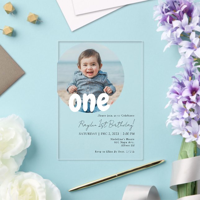 Moderne Invitation Anniversaire Photo Bébé Rond (Insitu (Mariage))