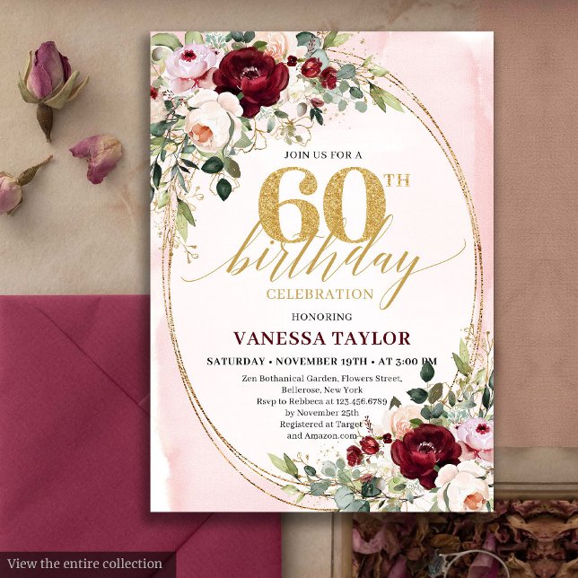 Moderne Invitation Boho Bourgeon Floral 60e Annive (Modern Boho Burgundy Blush Floral 60th Birthday)