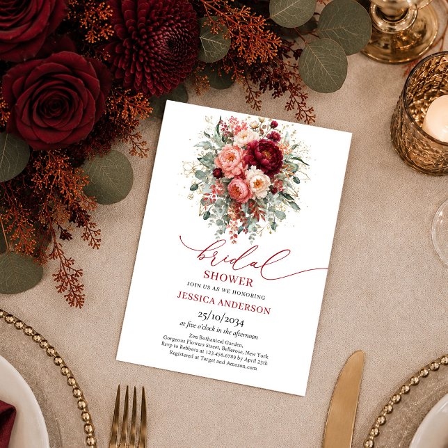 Moderne invitation de mariage automnal floral or b (Modern Burgundy Gold Floral autumn bridal shower invitation

)