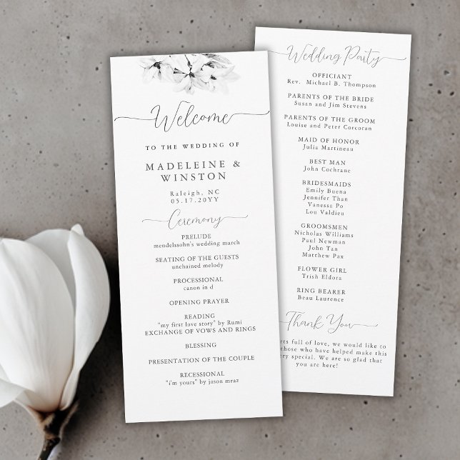 Moderne Magnolia Chic Black White Wedding Programm (modern classic magnolia wedding ceremony program black white calligraphy simple elegant classy)