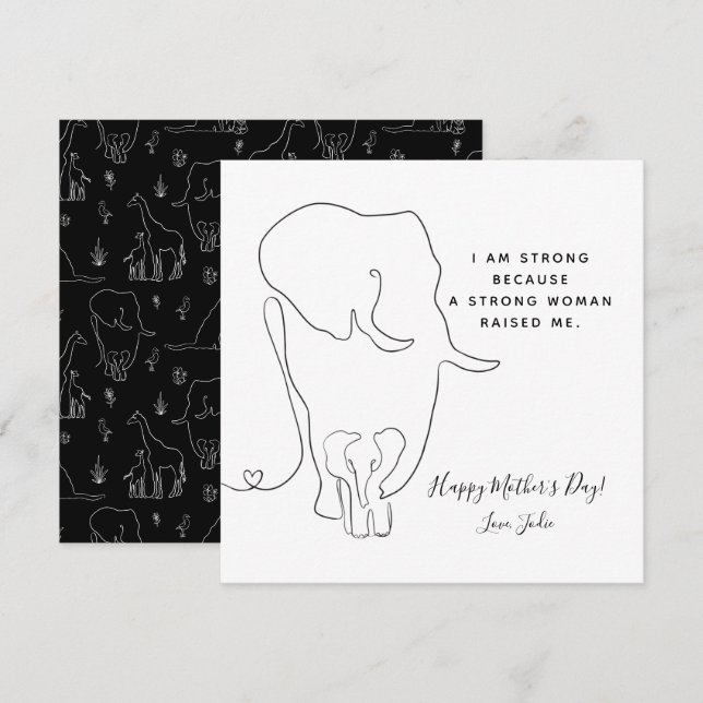 Moderne maman Elephant Line Art carte de fête des  (Devant / Derrière)
