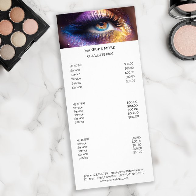 Moderne, Maquillage Photo  Carte de Tarif de Salon (Modern, Makeup Photo Salon Price List Rack Card)