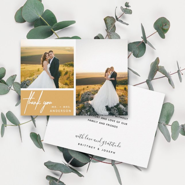 Moderne moutarde Jaune Photo Collage Merci (Two photo hand lettered thank you wedding card with a minimalistic design perfect for any couple.)