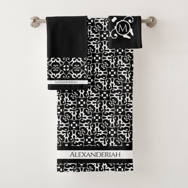 Moderne noir et blanc abstact damas serviette de b (En situation)