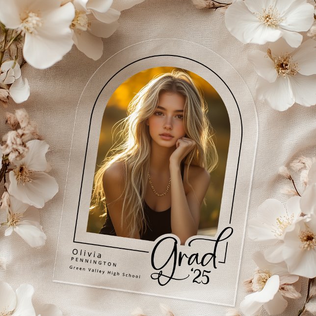 Moderne Photo Grad Clear Acrylique Faire-part (Shown on a 5" x 7" clear acrylic invitation with Arch Corner Style)