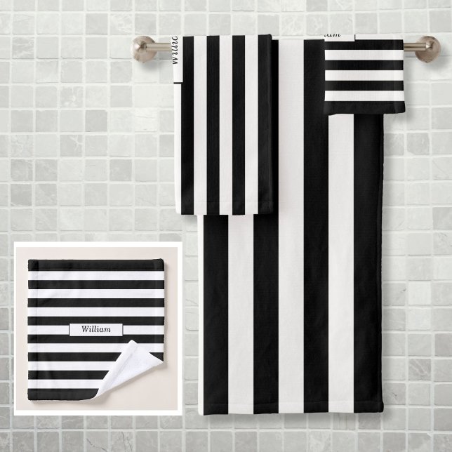 Moderne rayé noir et blanc personnalisé (Modern Personalized Black and White Striped Bath Towel Set)
