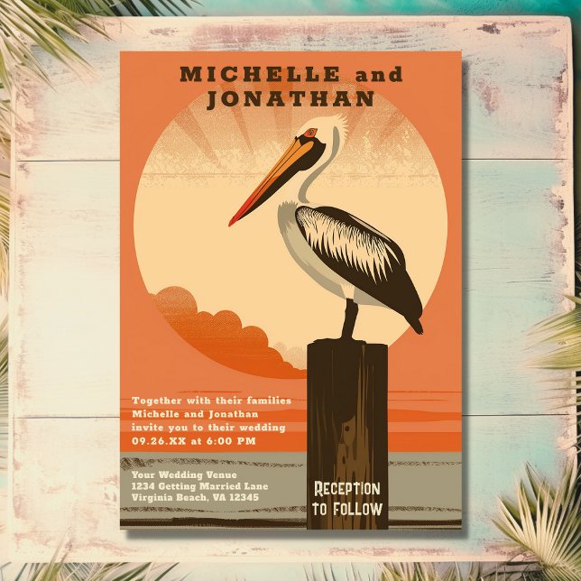 Moderne Retro Pelican Beach Wedding Invitation (Front - Modern Retro Pelican Beach Wedding Invitation)