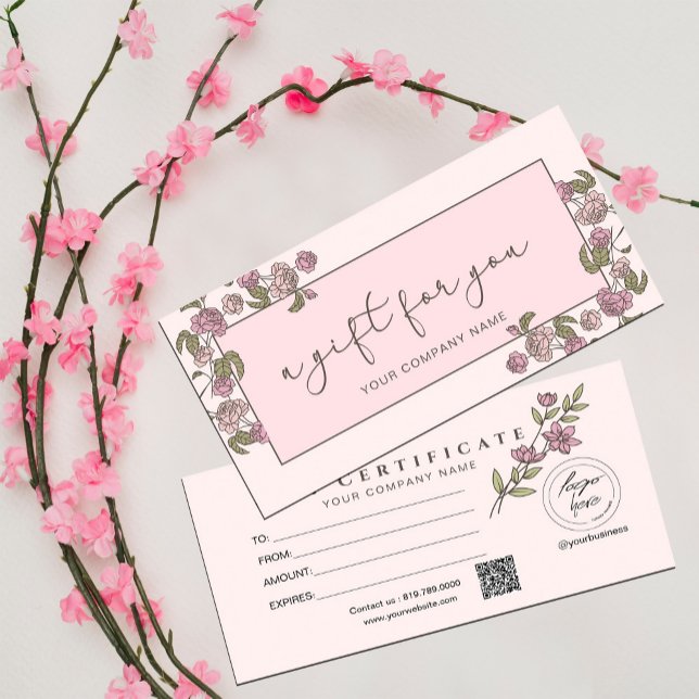 Moderne Rose Floral Ajouter Logo Certificat cadeau (Modern Pink Floral Add Logo Gift Certificate #floralgiftcard #pink #addlogo #girly)