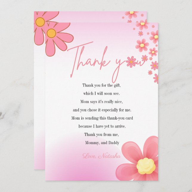 Moderne rose marguerite thèmes baby shower merci (Devant / Derrière)