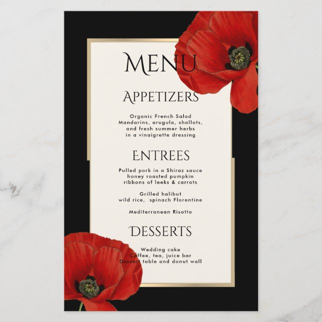 Moderne Rouge Noir Floral 3 Parcours Menu Mariage (Devant)