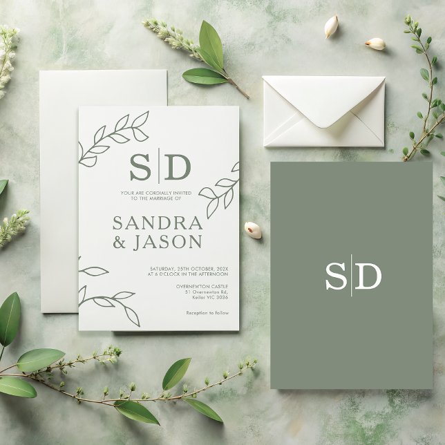 Moderne Sage Line Art Foliing Faire-part de mariag (Modern Sage Wedding Invite, Sage Green Minimal Wedding Invitation Template, Minimalist Sage Invite

)