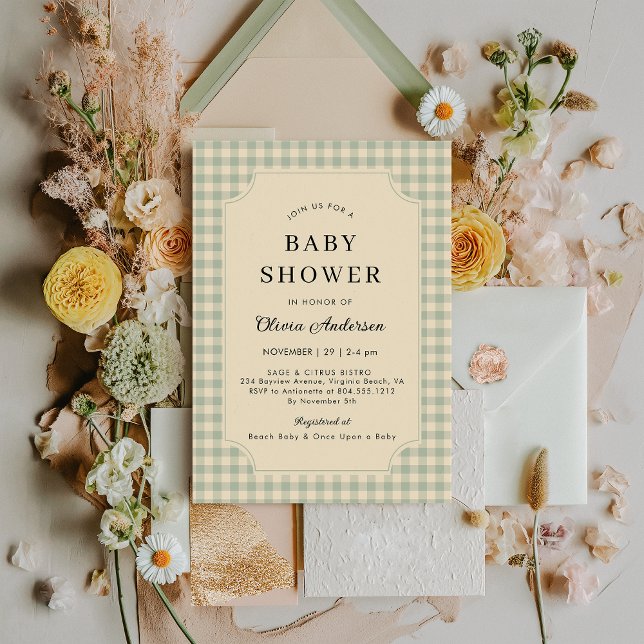 Moderne Sage Vert En vichy Baby shower Invitation (Modern Sage Green Baby Shower Invitation )