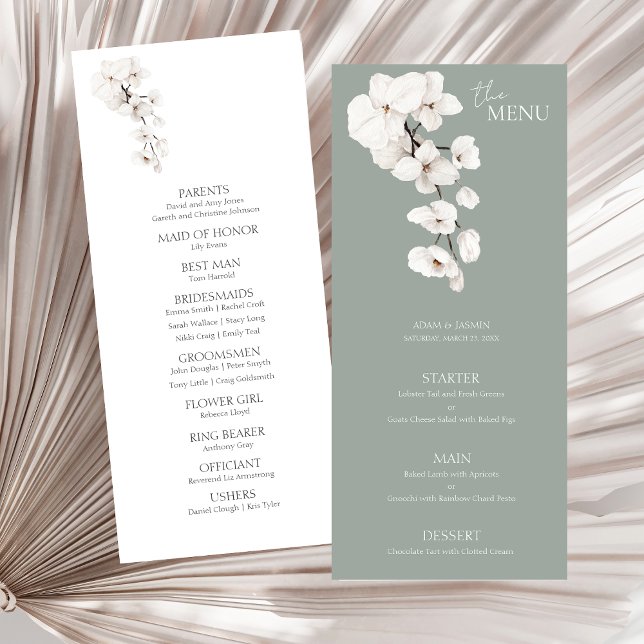 Moderne Sage Vert Orchidées Blanches Menu Mariage (Modern Sage Green White Orchids Wedding Menu Cards)