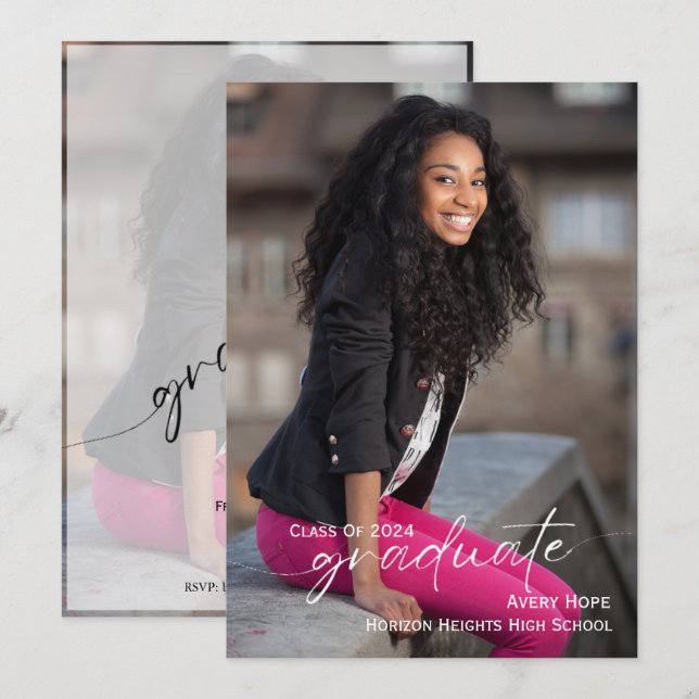 Moderne Script Graduate Photo Graduate Invitation (Devant / Derrière)