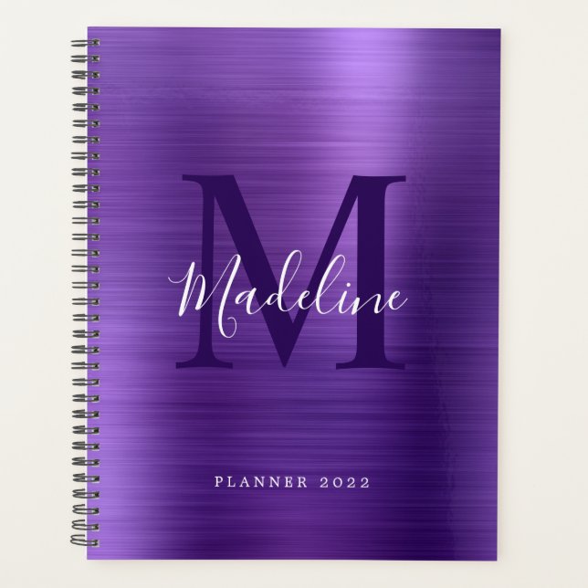 Moderne Simple Brossé Métallique Violet Monogramme (Devant)
