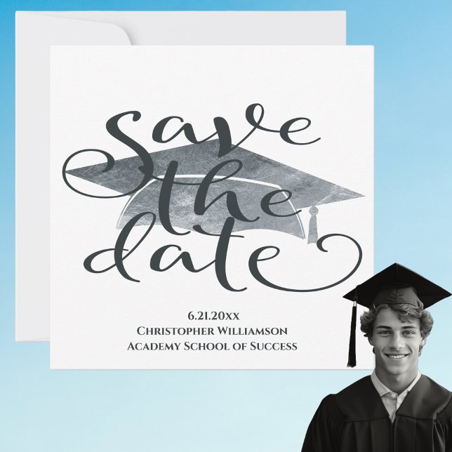 Moderne Simple Graduation Économisez La Date (Modern Save The Date Graduation Announcement. Watercolor, gray tones. High School, College)