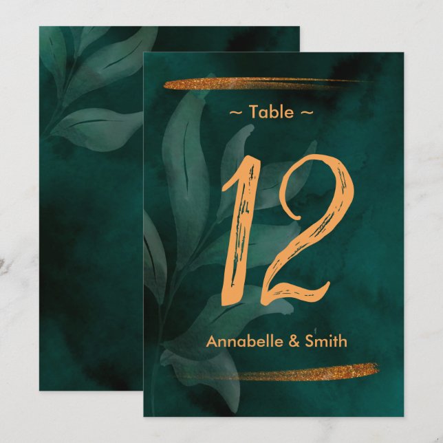 moderne vert émeraude et numéro de table feuille (Devant / Derrière)