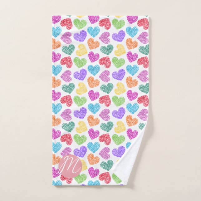 Moderne Vibrant Rainbow Doodle Hearts Monogramme (Serviette à main)