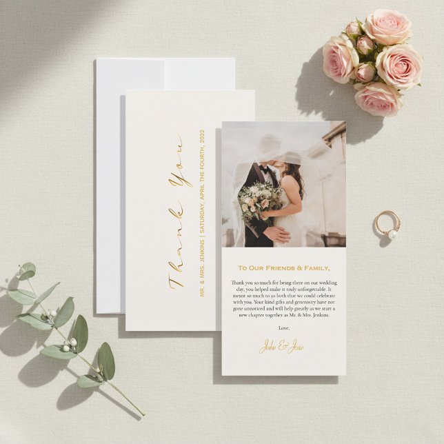 Moderne votre carte de remerciements photo mariage (Gold script, photo and message, wedding thank you card.)