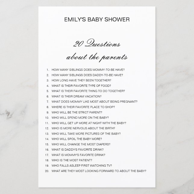 Modifiable 20 Questions sur le Baby shower des par (Devant)