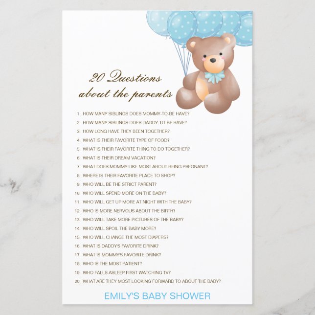 Modifiable 20 Questions sur le Baby shower des par (Devant)