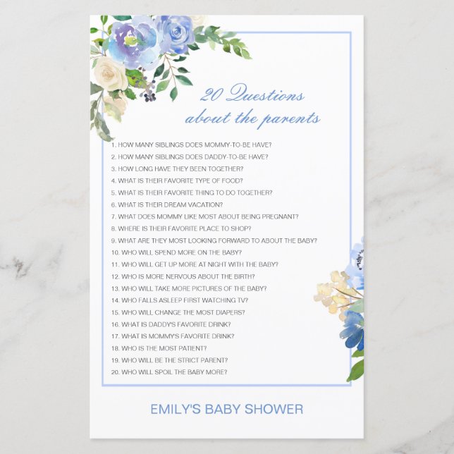 Modifiable 20 Questions sur le Baby shower des par (Devant)