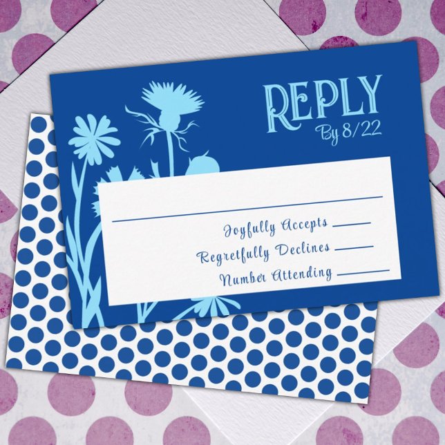 Modifier les couleurs de la carte RSVP Fleurs bleu (royal blue floral bat mitzvah reply rsvp enclosure card cute polka dots and flowers blue)