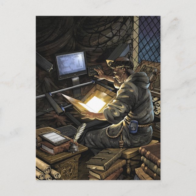 Moine avec carte postale scanner livre (Devant)