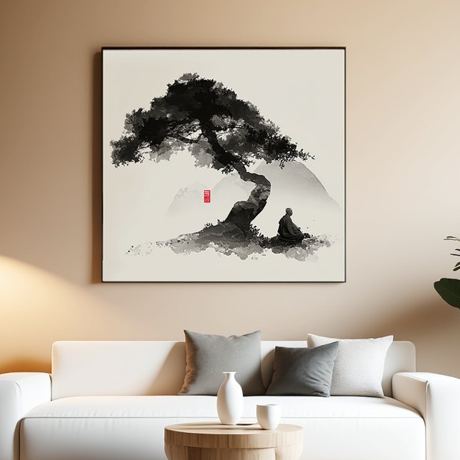 Moine & Pin - Art mural à l'encre zen - Décor mini (Créateur téléchargé)