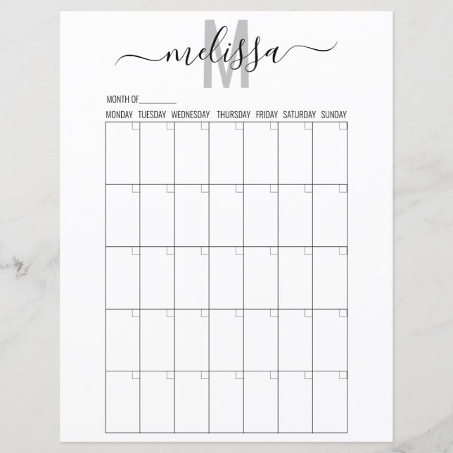 Mois vierge Monogramme Planification Calendrier Pl (Devant)