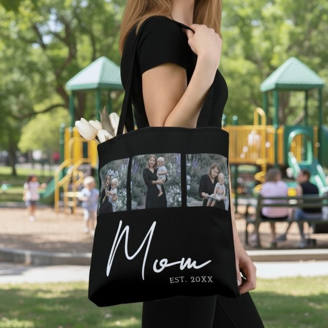 Mom Established Black Modern Script Photo Tote Bag (Créateur téléchargé)
