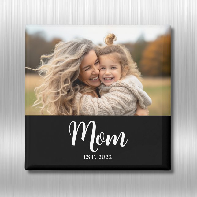 Mom Established Photo Mother's Day Magnet (Mom established white script text with personalized photo, name and year of becoming a mom)
