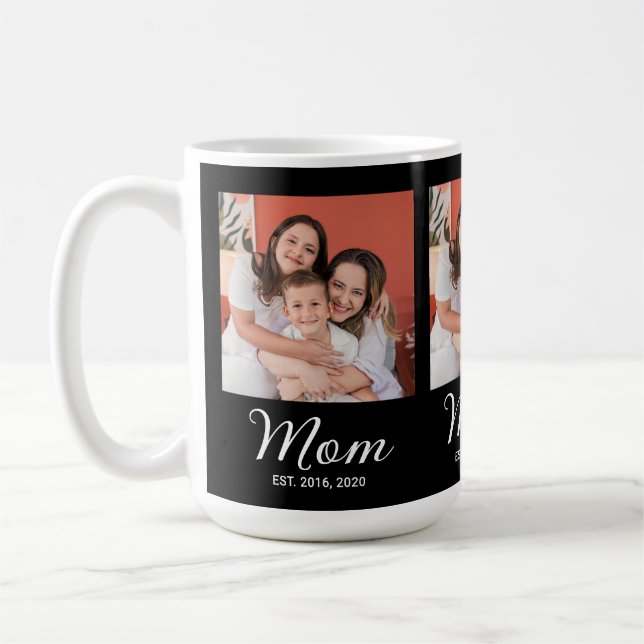 Mom Established Script Black 3 Photo Coffee Mug (Gauche)