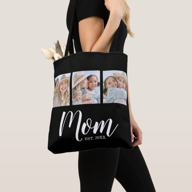 Mom Established Script Black 3 Photo Tote Bag (De près)