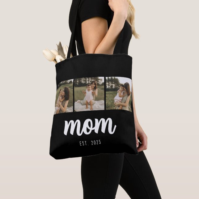 Mom Established Script Black 3 Photos Tote Bag (De près)