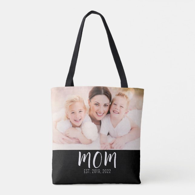 Mom Established Script Black Photo Tote Bag (Dos)