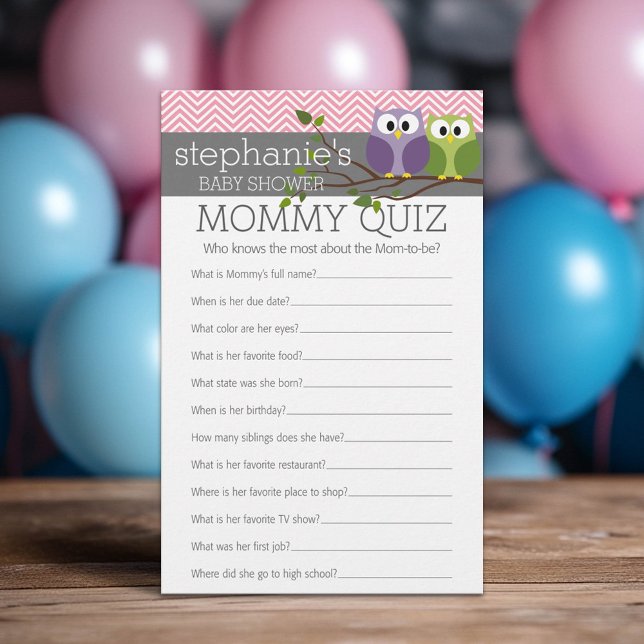 Mommy Quiz Jeux de douche Chouettes roses Baby Gir (Custom Baby Shower Games)