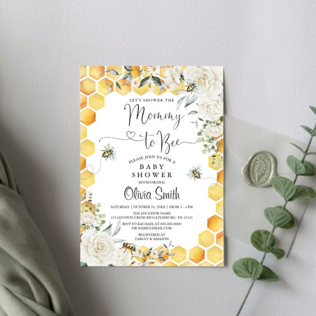 Mommy to Bee White Floral Baby shower Invitation (Créateur téléchargé)
