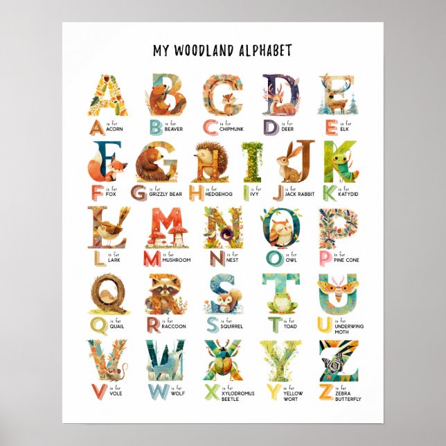 Mon alphabet animal boisé Poster éducatif (Devant)
