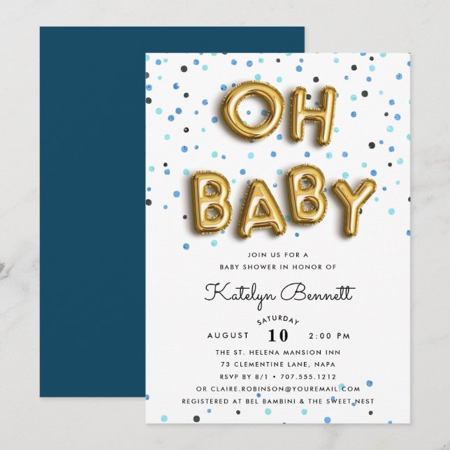 Mon bébé | Invitation Baby shower Marine & Gold (Devant / Derrière)