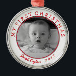 Mon premier ornement photo de Noël<br><div class="desc">Customisez cette photo et ce texte avec votre propre message pour l'occasion. Un bon souvenir pour les premiers noël du bébé; Cliquez sur "Customiser" pour changer les polices,  les couleurs et les tailles. Le texte restera dans un arc circulaire. (Photo Becky Nimoy)</div>