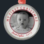 Mon premier ornement photo de Noël<br><div class="desc">Customisez cette photo et ce texte avec votre propre message pour l'occasion. Un bon souvenir pour les premiers noël du bébé; Cliquez sur "Customiser" pour changer les polices,  les couleurs et les tailles. Le texte restera dans un arc circulaire. (Photo Becky Nimoy)</div>