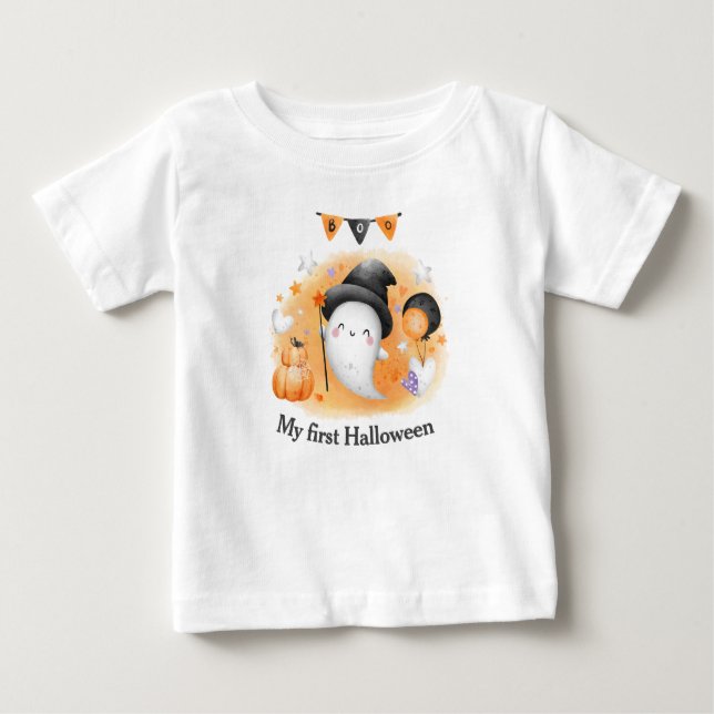 Mon premier T-shirt bébé Halloween Orange Boo Ghos (Devant)