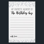 Mon souvenir favori du jeu de fête des garçons d'a<br><div class="desc">Achetez cette carte et profitez de la haute qualité Mon souvenir favori du Jeu d'Anniversaire pour votre événement! Confetti en argent.</div>