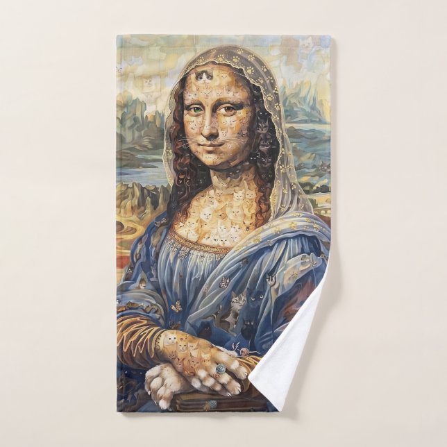 Mona Lisa collage art made with cat faces (Serviette à main)